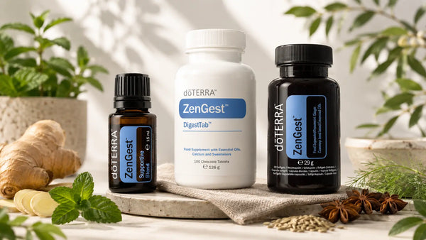 Conjunto dōTERRA ZenGest con aceite de 15ml, envase blanco DigestTab y frasco de cápsulas blandas sobre base de piedra con jengibre y anís.