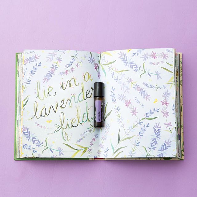 Frasco de doTERRA InTune posado en un libro en fondo rosa 