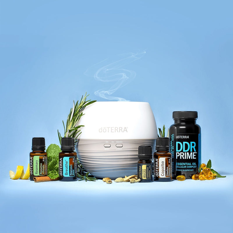 Kits completos de aceites esenciales dōTERRA - Packs de aromaterapia natural en fondo azul