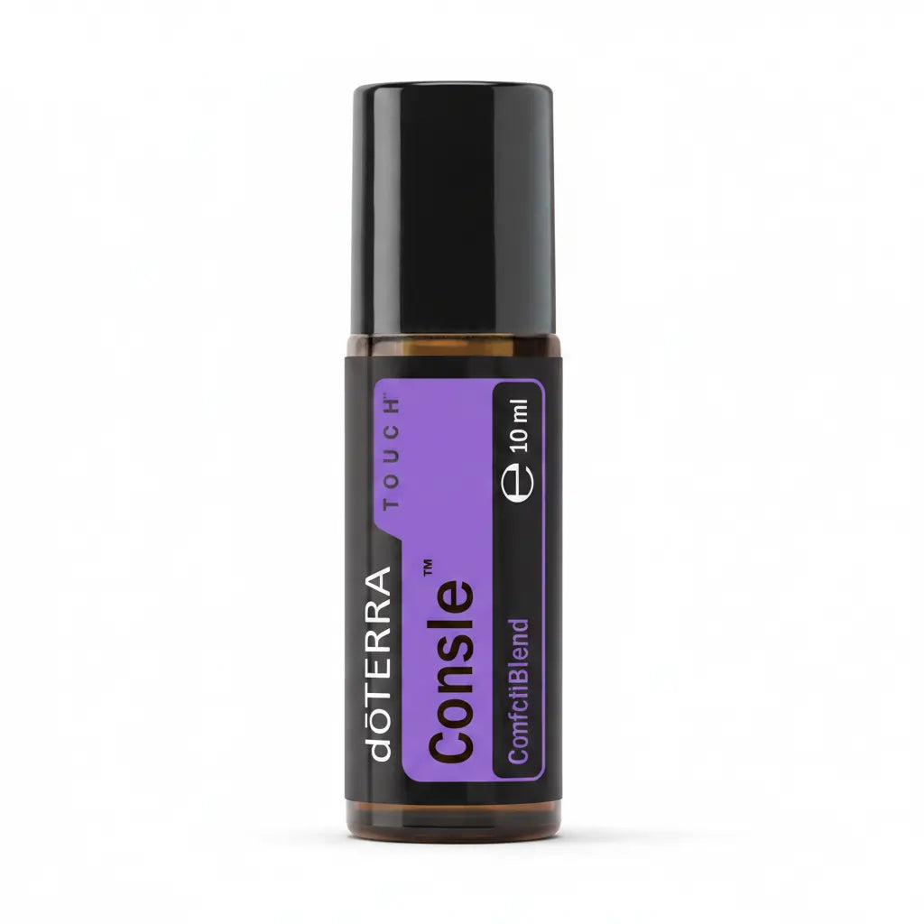 Botella Roll-on de 10 ml de dōTERRA Console™ Touch con etiqueta violeta y aplicador de bola, sobre fondo blanco puro.