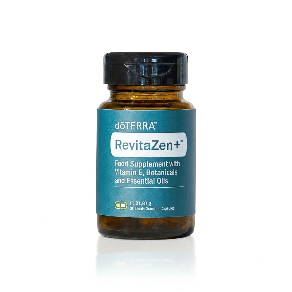 Frasco de RevitaZen Plus de doTERRA en fondo blanco