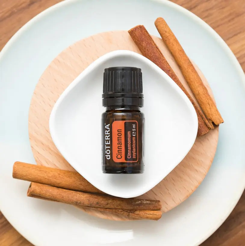 Vista aérea del Aceite Esencial de Canela dōTERRA 5ml en cuenco cerámico blanco sobre posavasos de madera, con palos de canela alrededor en plato blanco