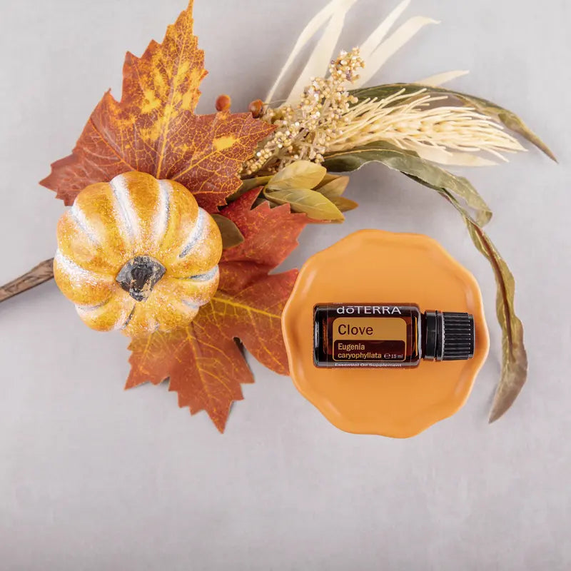 Aceite esencial de Clavo dōTERRA 15ml sobre plato de ceramica naranja junto a calabaza y hojas de otono en composicion de estudio