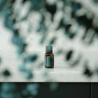 Frasco de aceite esencial de Eucalipto doTERRA 15ml centrado en superficie gris con fondo de hojas de eucalipto desenfocadas en tonos azul grisaceo