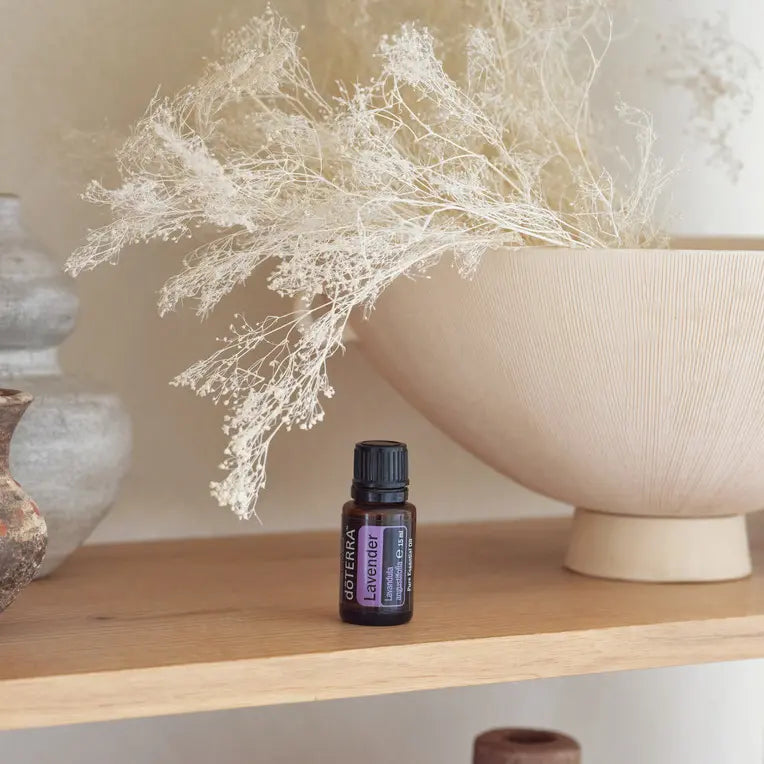 Frasco de aceite esencial de Lavanda doTERRA 15ml en estante de madera junto a cuenco beige y flores blancas secas silvestres