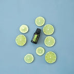 Aceite Esencial Lima dōTERRA 15ml con rodajas de lima sobre fondo azul grisáceo cenital