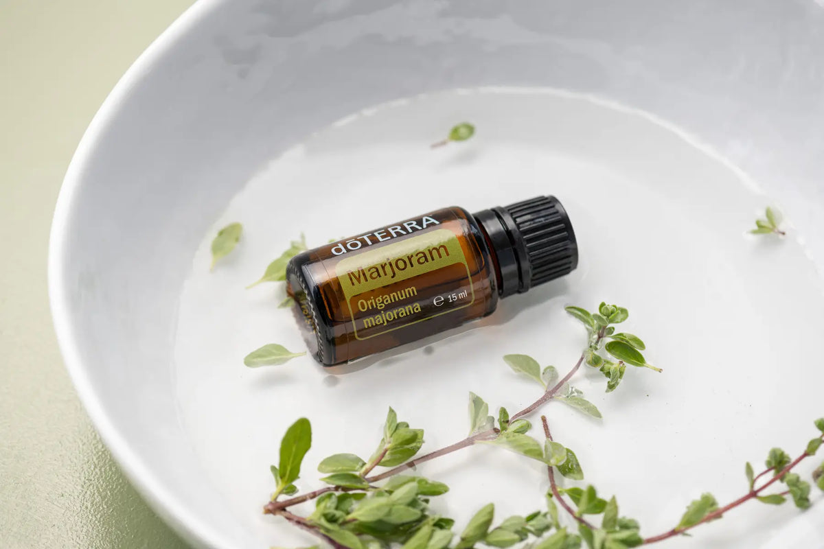 Aceite esencial de Mejorana dōTERRA 15ml en cuenco blanco con ramita de mejorana fresca