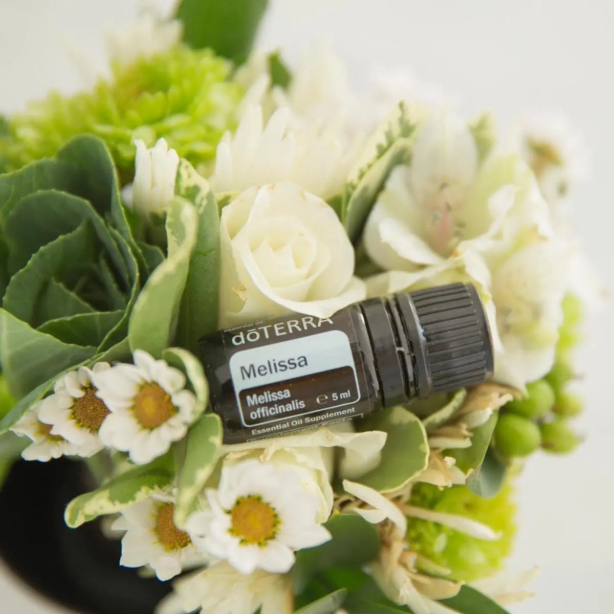 Aceite esencial de Melissa dōTERRA 5ml integrado en ramo de flores blancas y margaritas con hojas verdes