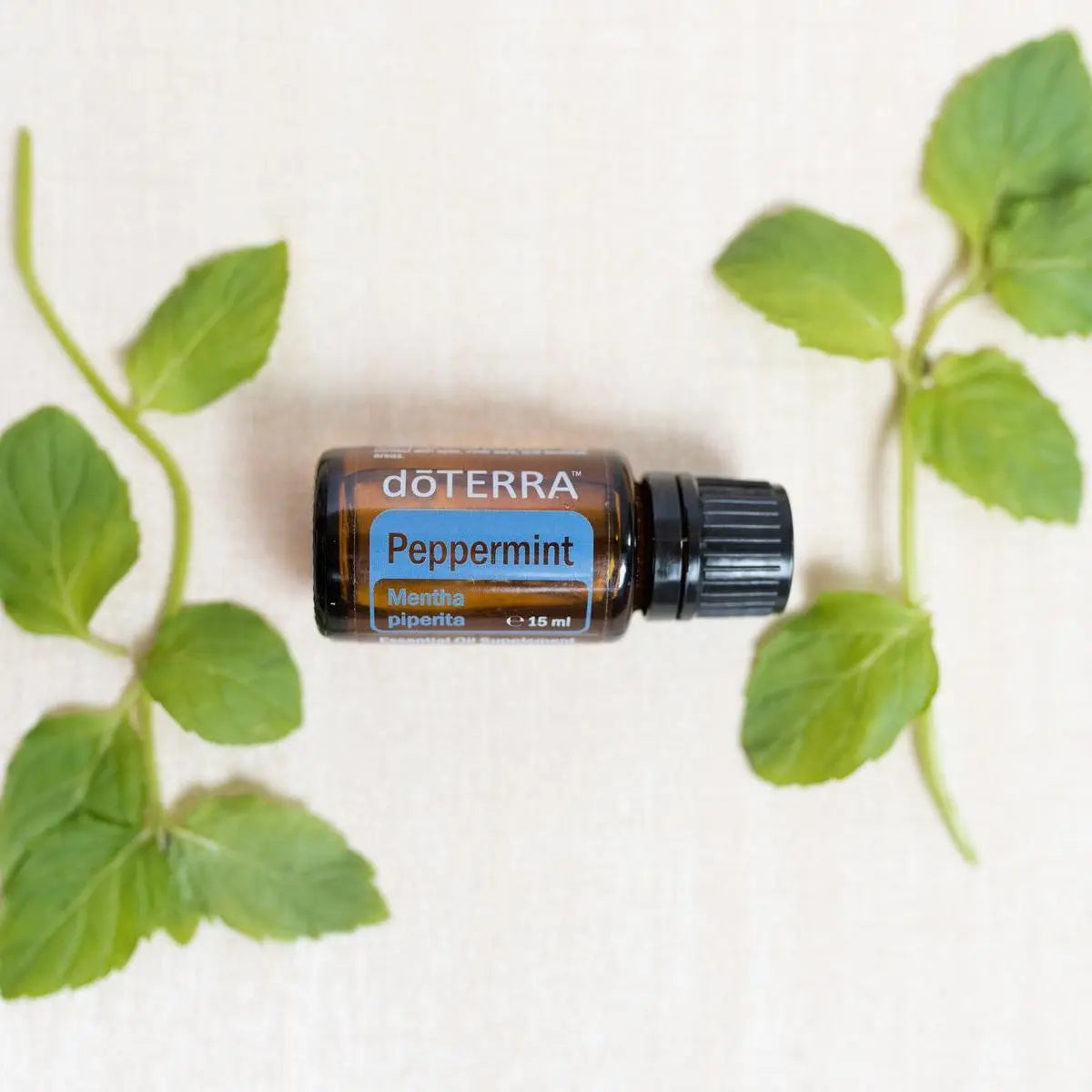 Aceite esencial Peppermint dōTERRA 15ml entre ramas de menta fresca sobre fondo de lino crema, vista cenital flat lay