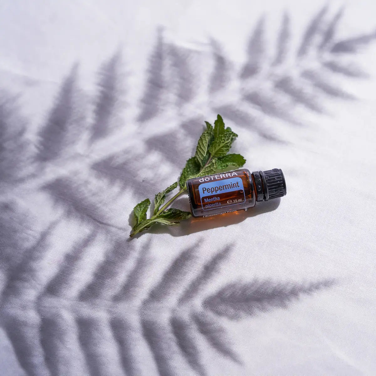 Aceite esencial Peppermint dōTERRA 15ml junto a ramita de menta sobre tela blanca con sombra de helecho proyectada