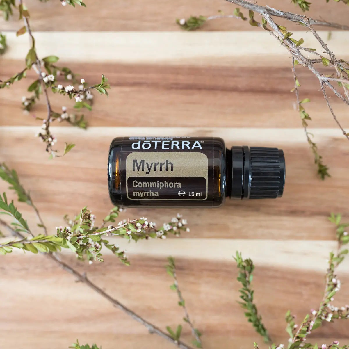 Aceite esencial de Mirra dōTERRA 15ml horizontal sobre tabla de madera cálida rodeado de ramas con flores blancas diminutas, flat lay