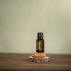 Aceite esencial de Oregano doTERRA 15ml sobre podio de rodajas de abedul apiladas con fondo verde salvia