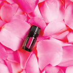 Aceite esencial de Rosa dōTERRA 5ml entre pétalos de rosa fucsia frescos, composición flat lay cenital