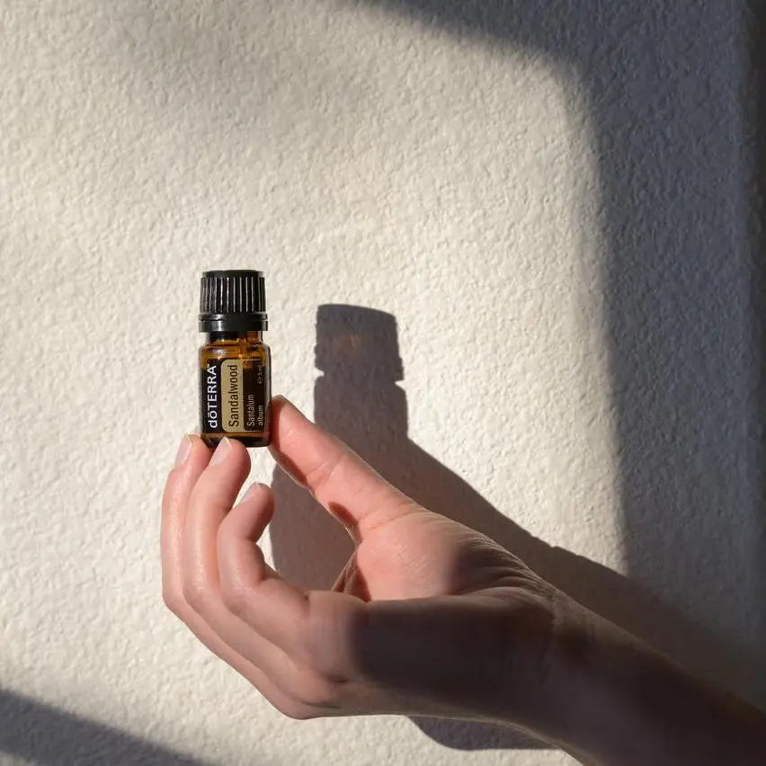 Mano sosteniendo frasco de aceite esencial de Sándalo dōTERRA 5ml con sombra proyectada sobre pared texturizada blanca, luz solar lateral