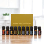 Caja amarilla del dōTERRA Family Essentials Kit con los 10 frascos de aceites esenciales de 5ml alineados en frente.