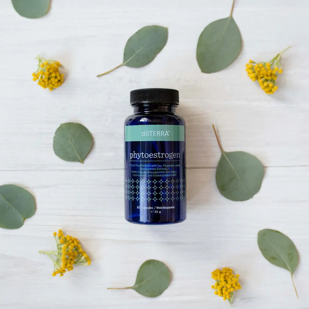 Vista superior del frasco de dōTERRA Phytoestrogen rodeado por hojas verdes de eucalipto y pequeñas flores amarillas.