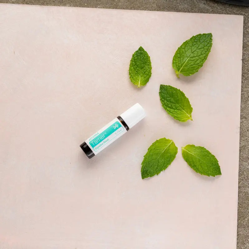 Vista superior do frasco roll-on dōTERRA Tamer Touch 10ml ao lado de cinco folhas frescas de menta sobre superfície rosa.