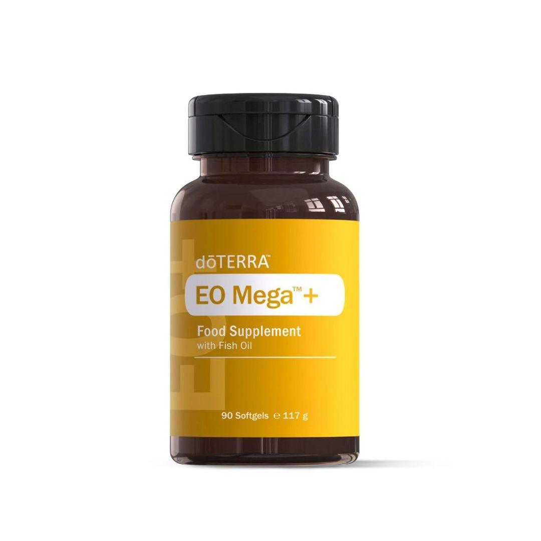 Frasco de cápsulas EO Mega+ de doTERRA – suplemento de aceite de pescado omega-3