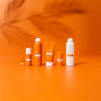 Gama Sun dōTERRA 2026 — productos completos en estudio con fondo naranja y sombra de palmera