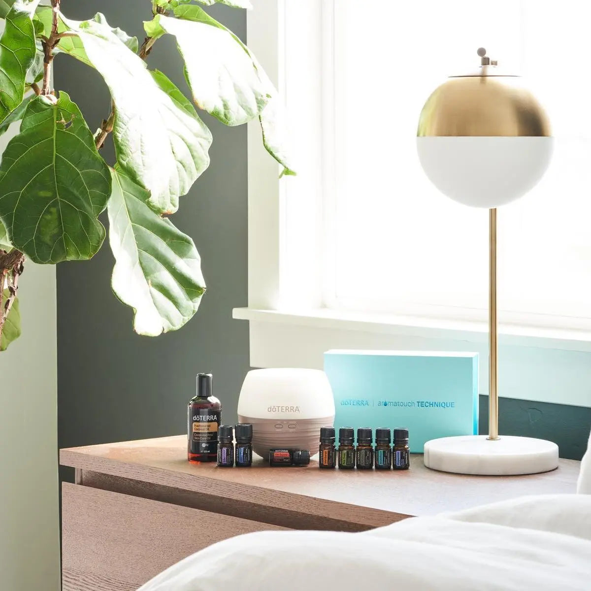 Kit AromaTouch Diffused dōTERRA con difusor y aceites esenciales sobre mesita de noche con planta