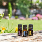 Kit introductorio dōTERRA EU — aceites esenciales en escena exterior con luz natural
