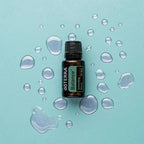 Mezcla dōTERRA Balance 15ml — frasco sobre fondo turquesa con gotas de agua, vista cenital