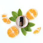 Mezcla dōTERRA Motivate 5ml — frasco en cuenco cerámico rosa con hojas de menta y rodajas de naranja, vista cenital