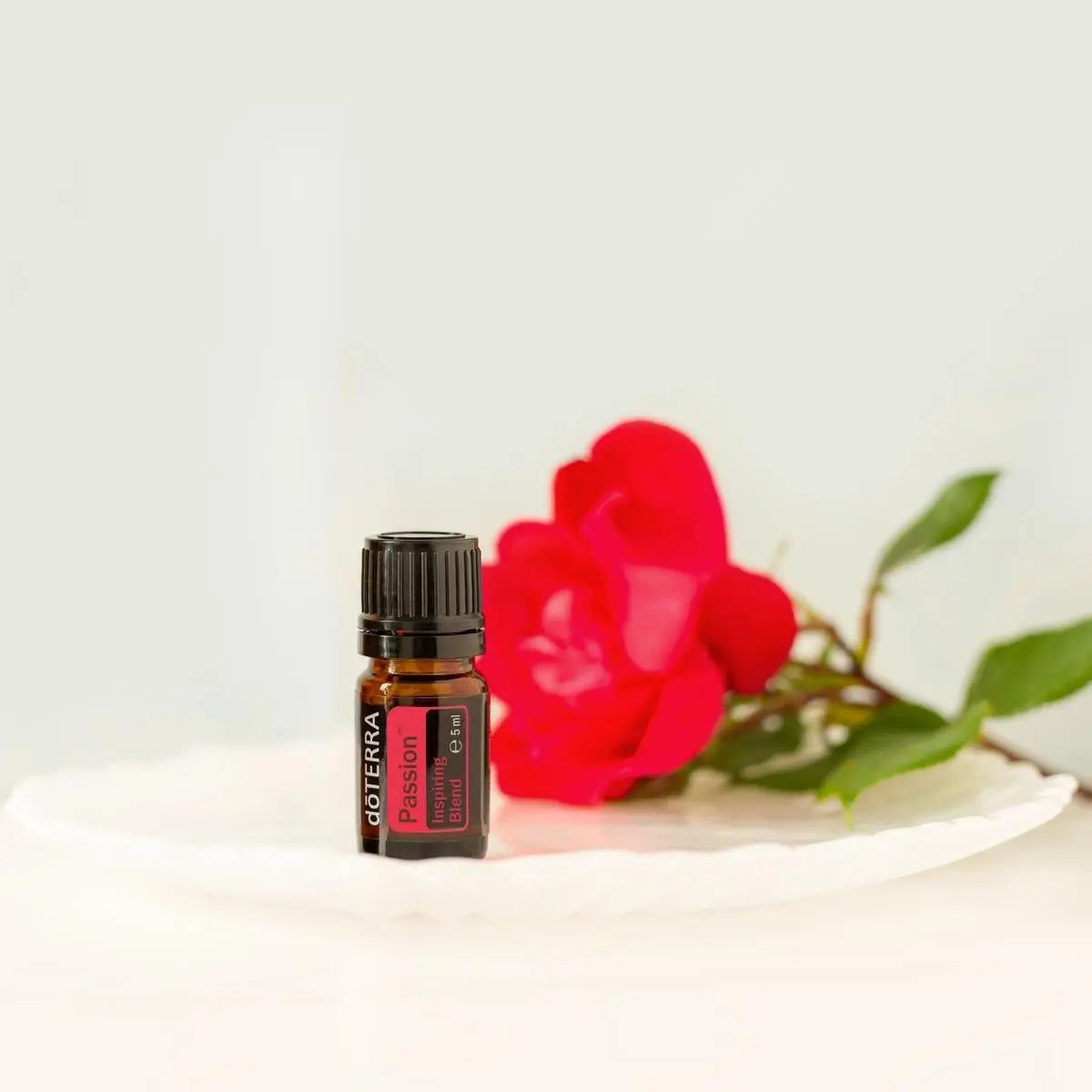 Mezcla dōTERRA Passion 5ml — frasco en plato con concha blanca y rosa roja sobre fondo grisáceo