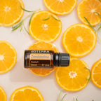 Mezcla dōTERRA Zendocrine 15ml — frasco con rodajas de naranja y romero sobre fondo crema, vista cenital