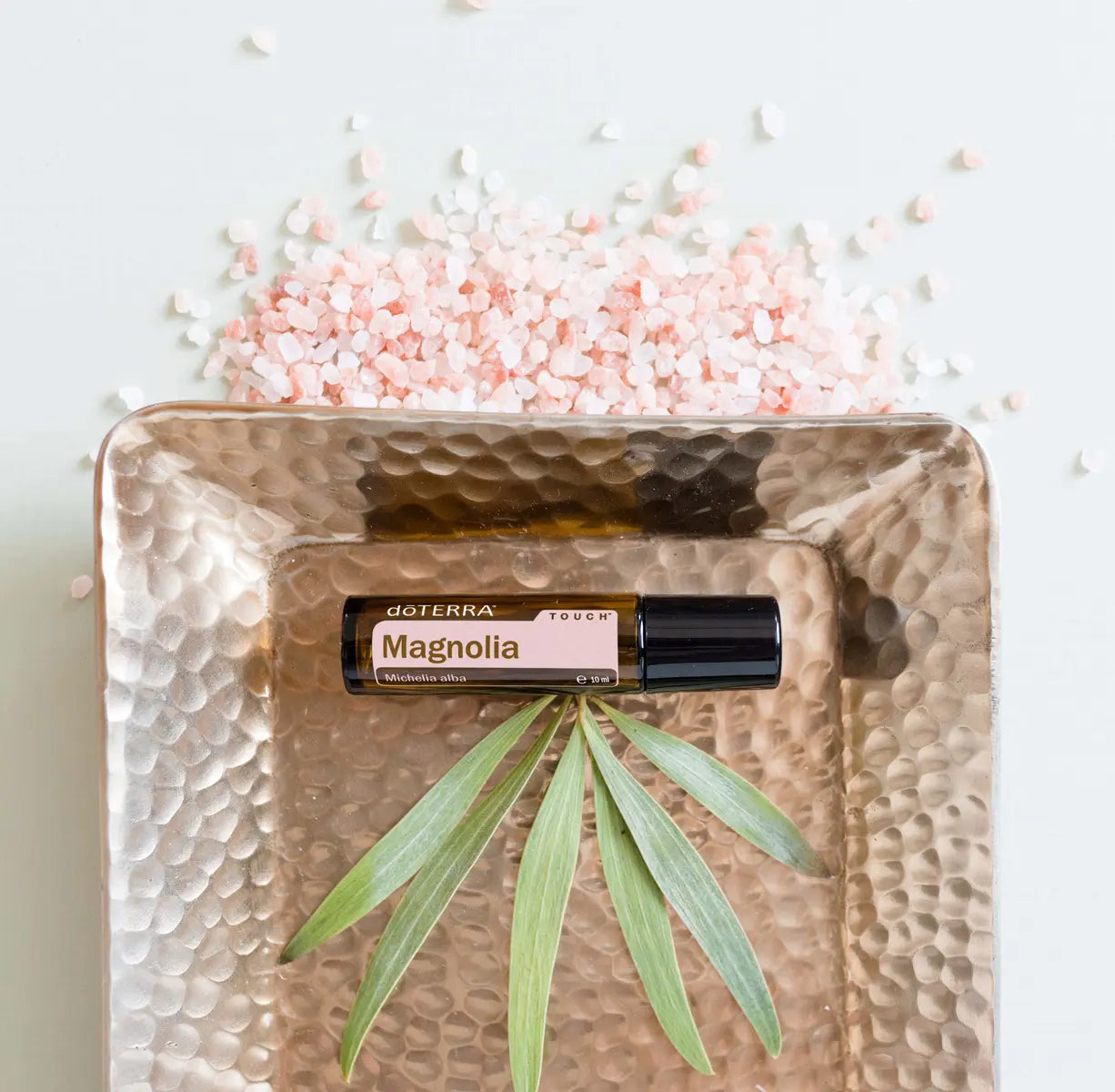 Magnolia Touch dōTERRA roll-on 10ml en bandeja de cobre martillado con sal rosa y hoja