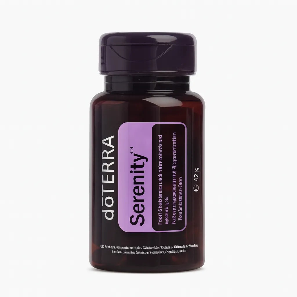 Frasco de Serenity Softgels de doTERRA, suplemento natural para el bienestar y el descanso
