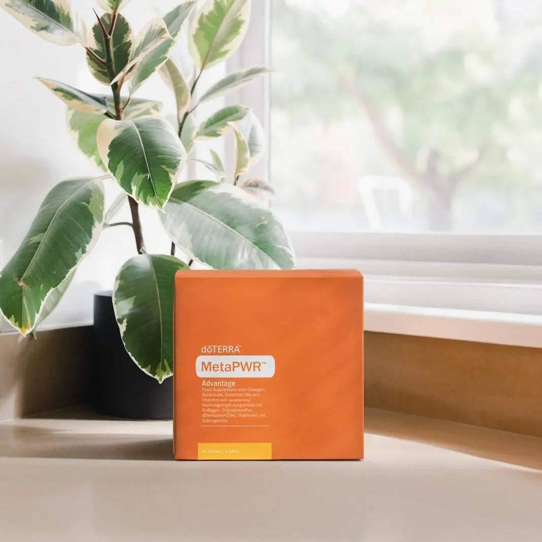 MetaPWR™ Advantage dōTERRA — sobres junto a planta en vista cenital con fondo claro