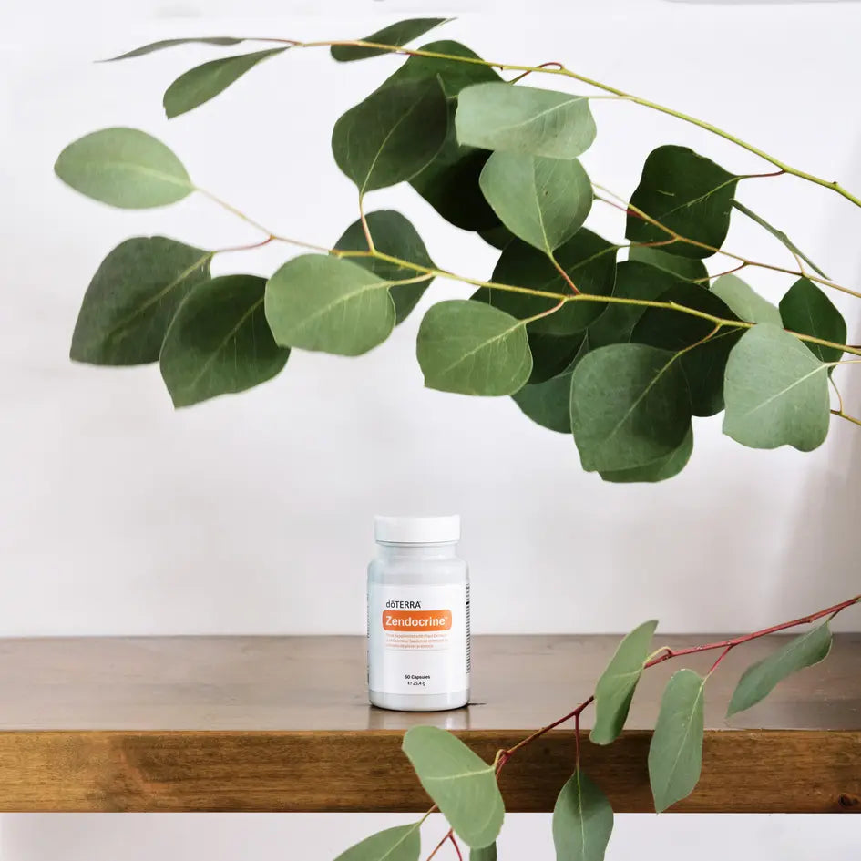 Frasco blanco de Complejo Zendocrine dōTERRA 60ct en repisa decorada con eucalipto