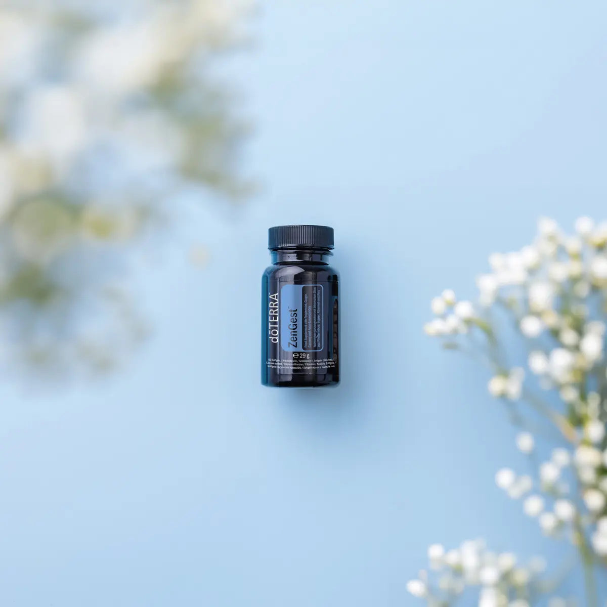 Frasco de Cápsulas ZenGest dōTERRA con flores blancas sobre fondo azul visto desde arriba