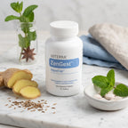 ZenGest DigestTab doTERRA 100 comprimidos en marmol blanco con jengibre laminado, semillas de comino y hojas de menta en cuenco ceramico