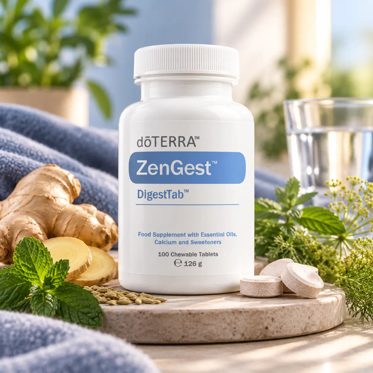 ZenGest DigestTab doTERRA 100 comprimidos sobre bandeja de piedra con raiz de jengibre, hojas de menta y semillas de hinojo, vaso de agua al fondo